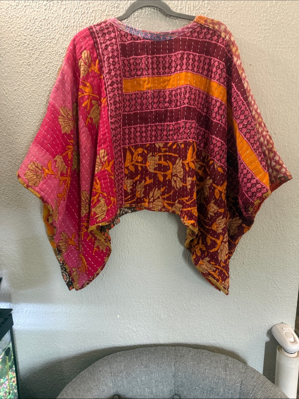 Upcycled Kantha Handcrafted Orange Patchwork V-Neck Cropped Tunic - Picture 4 of 4